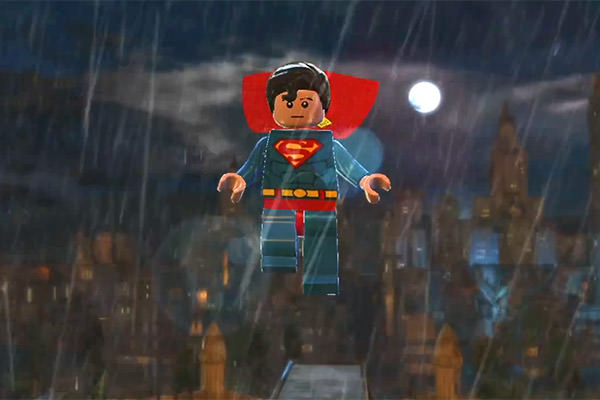 LEGO Superman flies over Gotham City