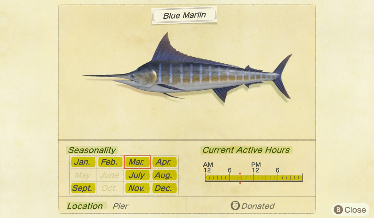 Critterpedia showing details of a swordfish I caught... including that it's been donated.