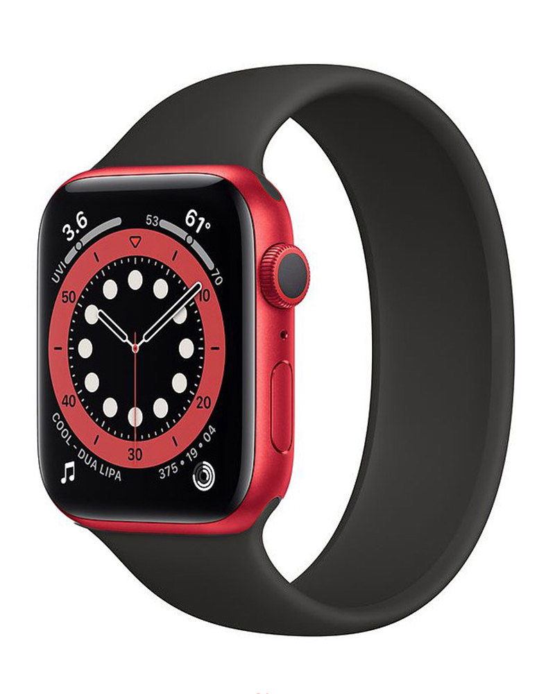 Red watch with a black loop band.