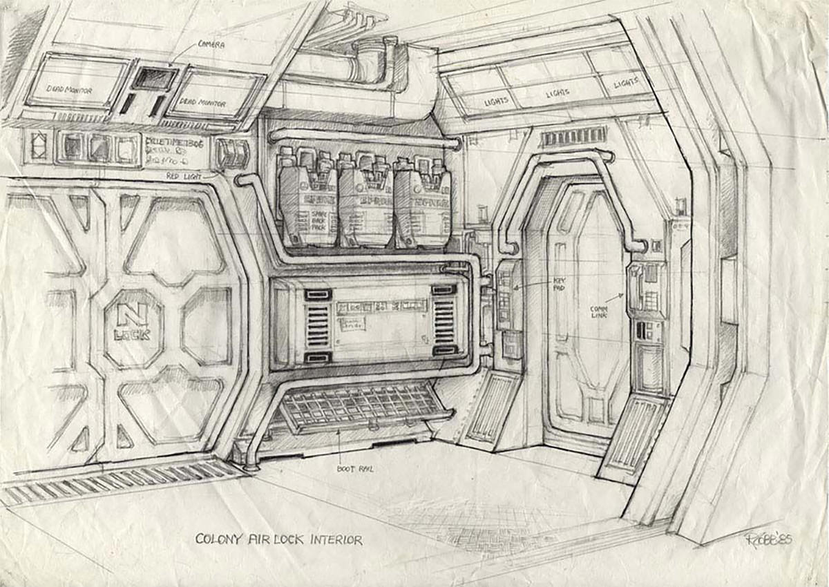 Ron Cobb Art: An airlock interior from Aliens.