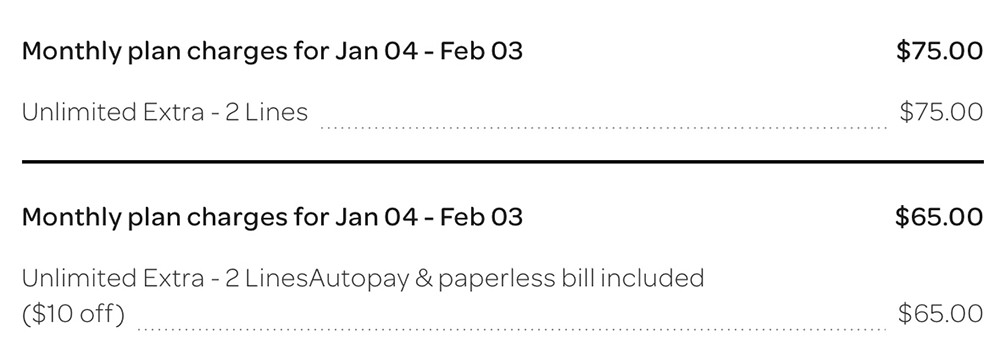 AT&T bill showing $75 one line and $65 the other line.