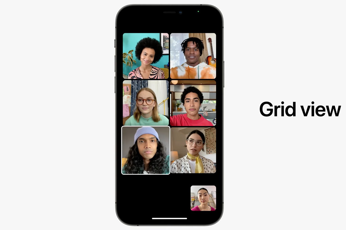 An iPhone in a Facetime chat with six people where everybody is in tiles looking at you.