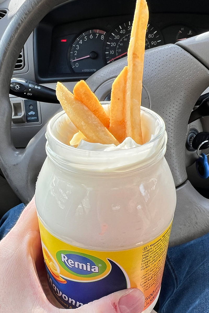 PATATJES MET! Fries stuck in a jar of Dutch Mayo.