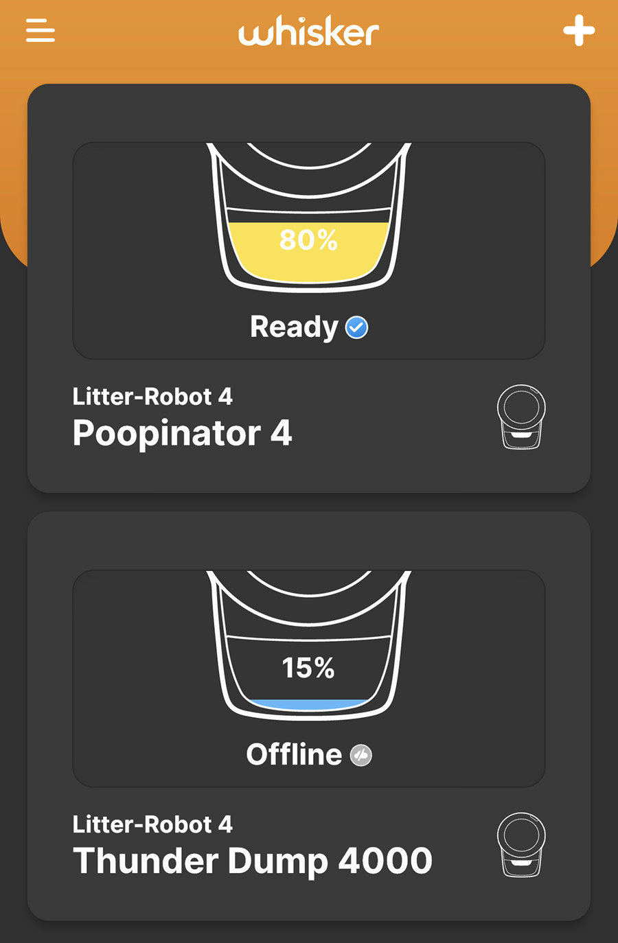 Litter Robot App Screen Capture showing one unit is offline.