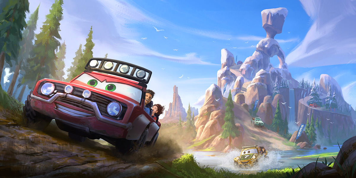 Concept art showing people riding around in cars from Cars in the mountains.