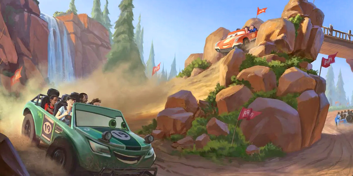 Concept art showing people riding around in cars from Cars in the mountains.