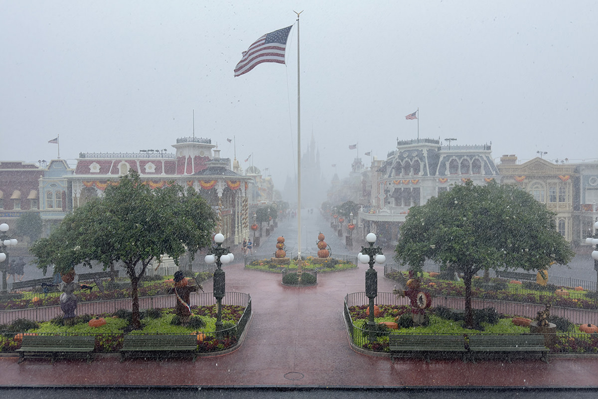 A massive downpour in an empty Magic Kingdom's Main Street USA.