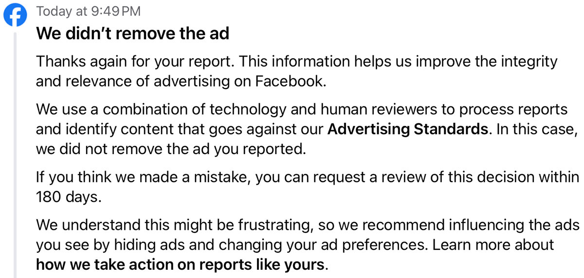 Facebook says they won't remove the ad. What else is new?