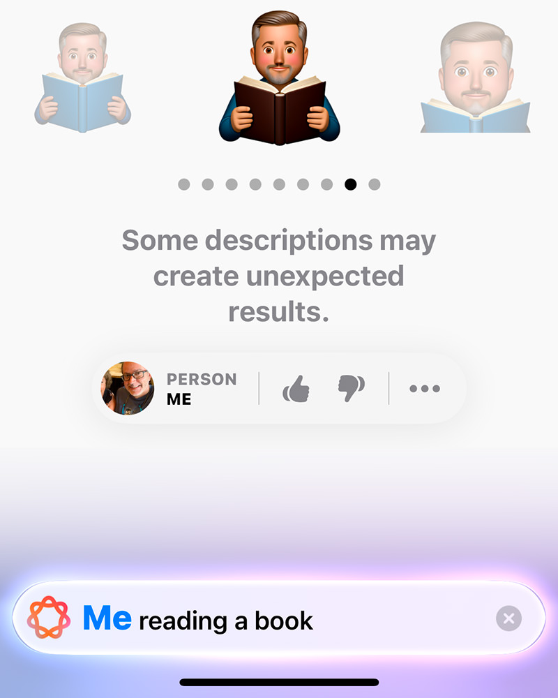 Asking Genmoji to render an emoji of me with a book!