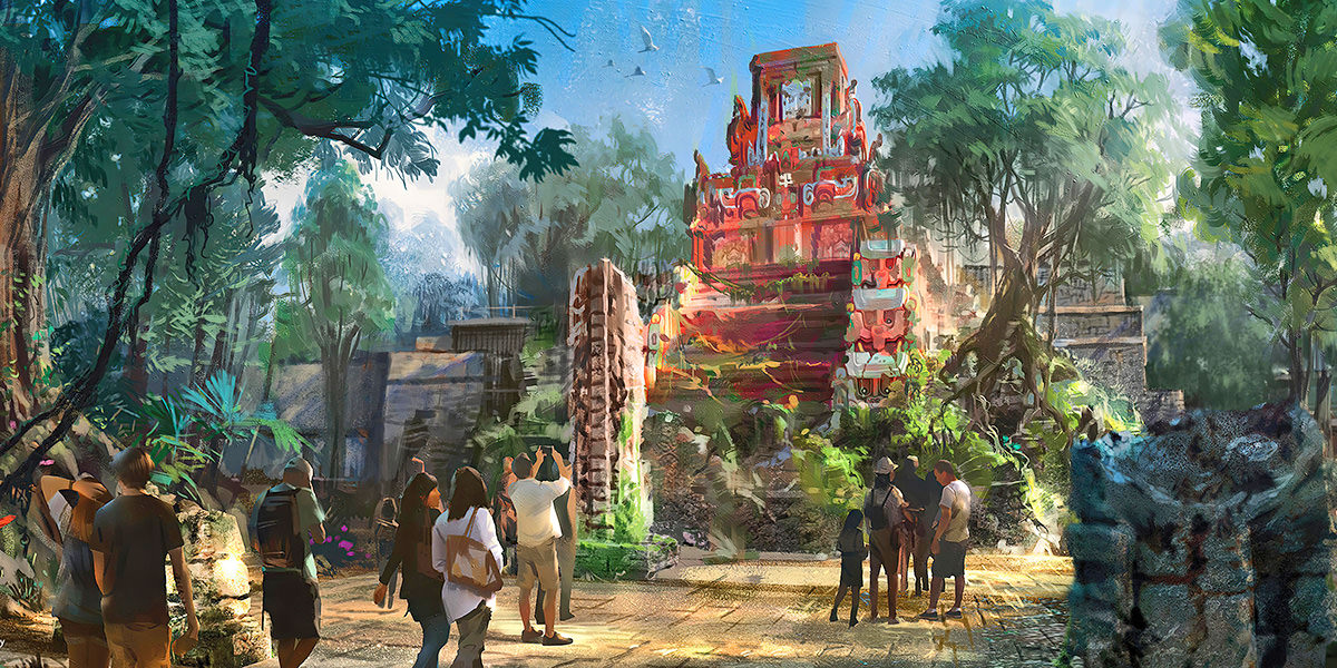 The Indiana Jones concept art for the new attraction. People walking towards a temple.