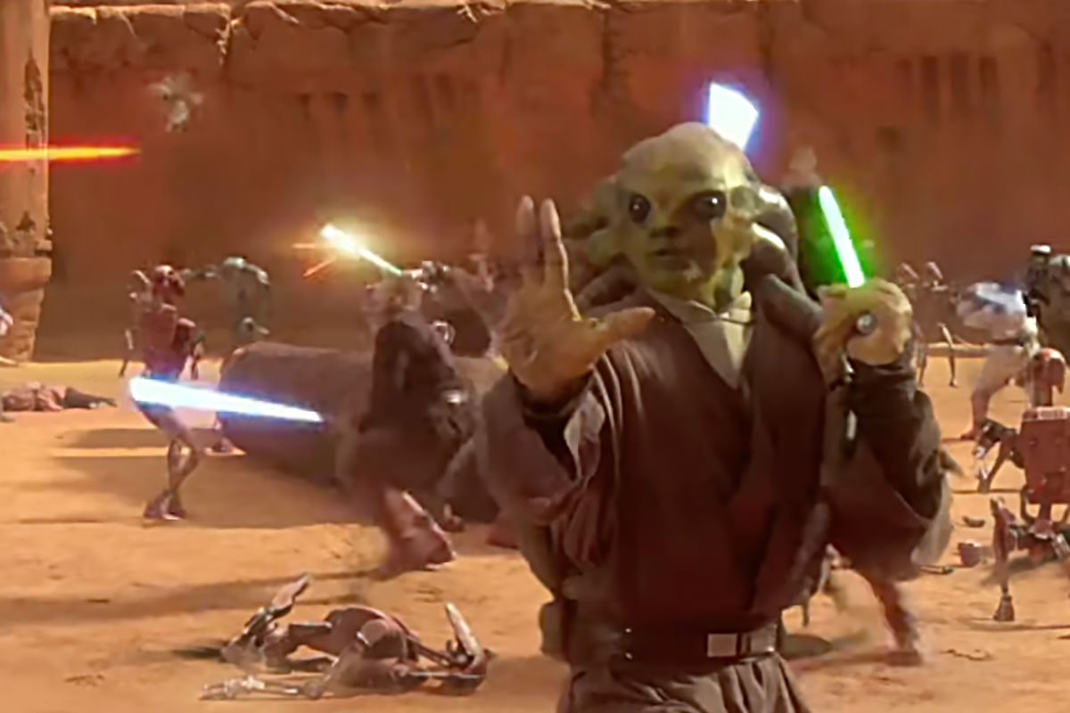Jedi Kit Fisto doing a stupid-ass Jedi Force Push instead of actually doing anything cool in a fight.
