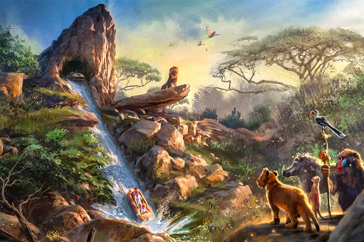 A Lion King flume ride with animals watching people plunge down a waterfall.