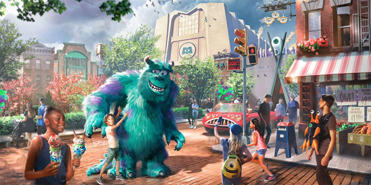 An artist rendering of people greeting the monsters on the streets of Monstropolis.