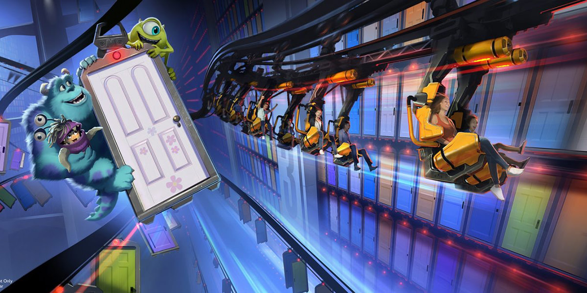 A ride concept art showing people flying around the doors storage warehouse from Monsters, Inc.