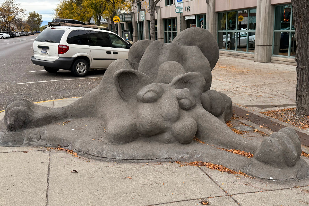 A giant splat cat sculpture called Cattin' Around in Missoula, Montana