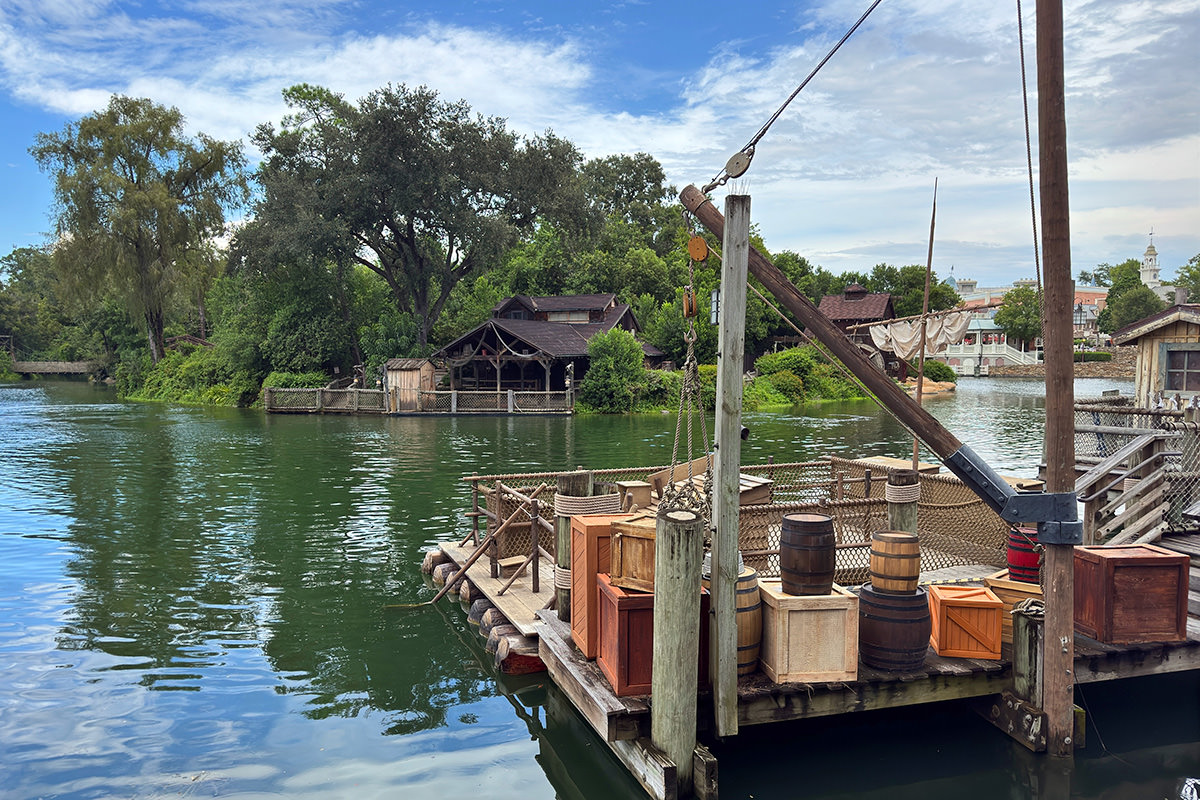 A look at Tom Sawyer Island over the edge of Rivers of America.