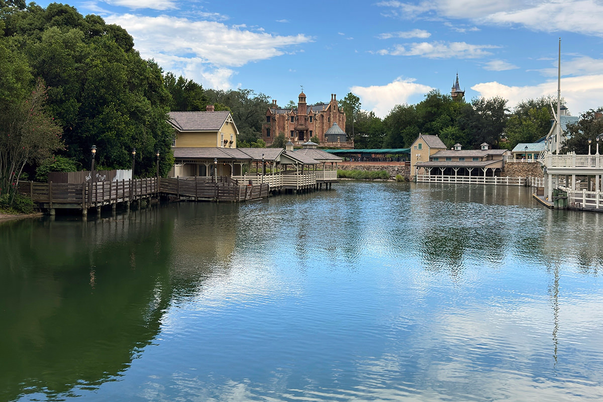 A look at Tom Sawyer Island over the edge of Rivers of America.