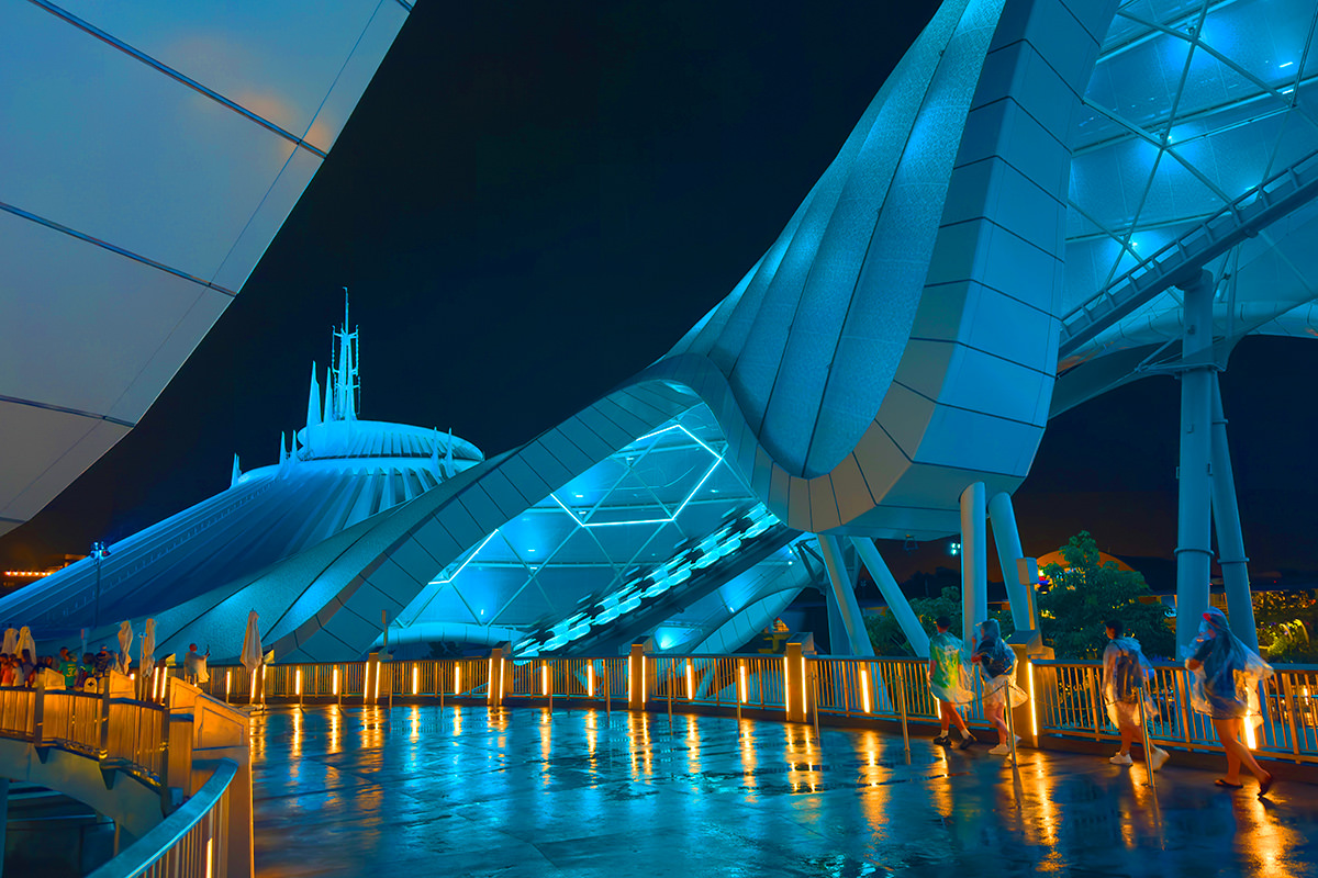 TRON ride canopy in light blue with Space Mountain in the background.