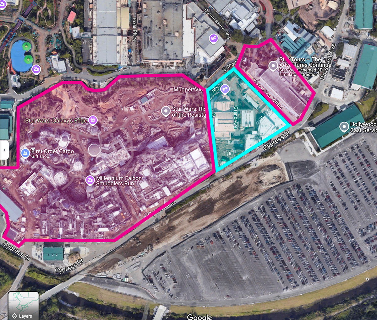 Highlighting Muppets Courtyard on the map of Disney Hollywood Studios.