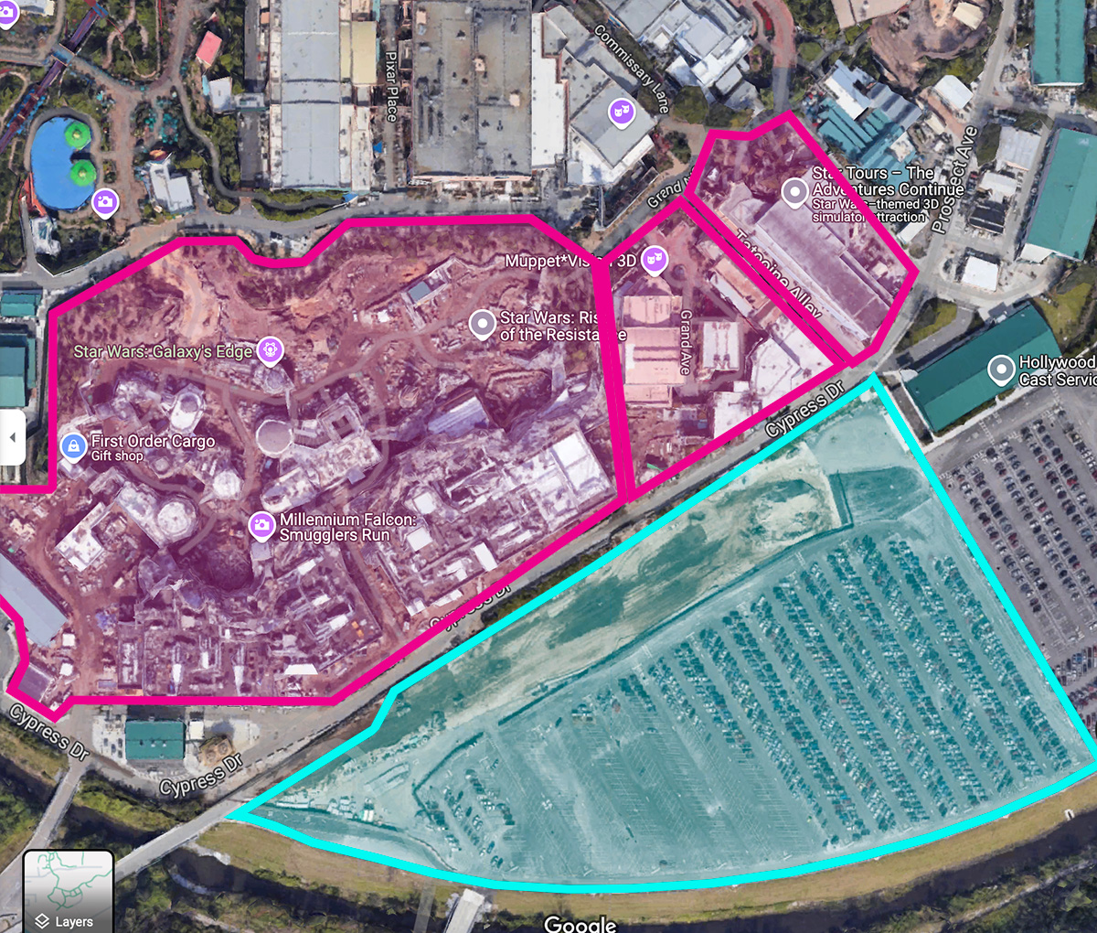 Highlighting Muppets Courtyard on the map of Disney Studios.