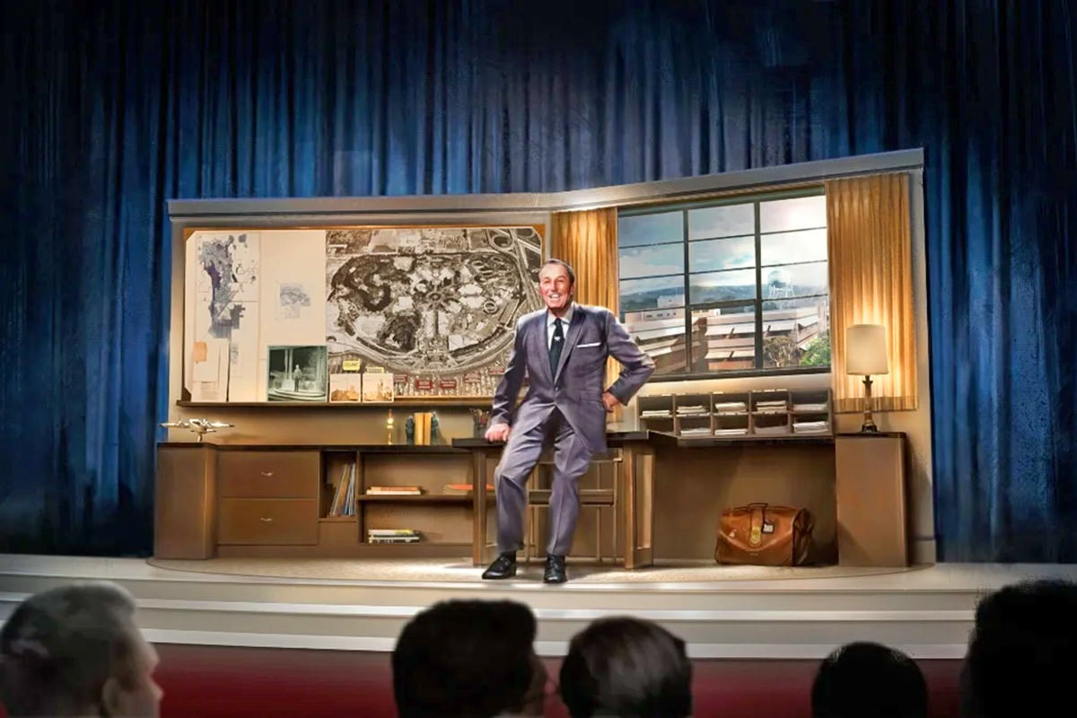 Concept art of Walt Disney animatronic on a stage while people watch.