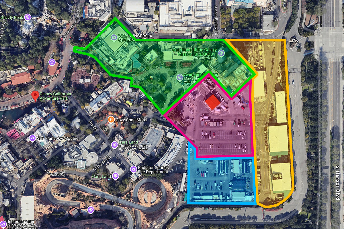 A map of Avenger's Campus expansion in Disneyland possible futures.