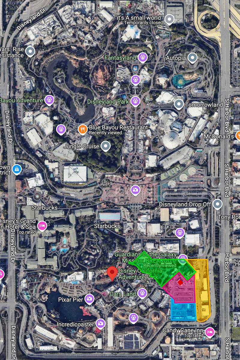 A map of Avenger's Campus expansion overlaid over the parks of the Disneyland map.