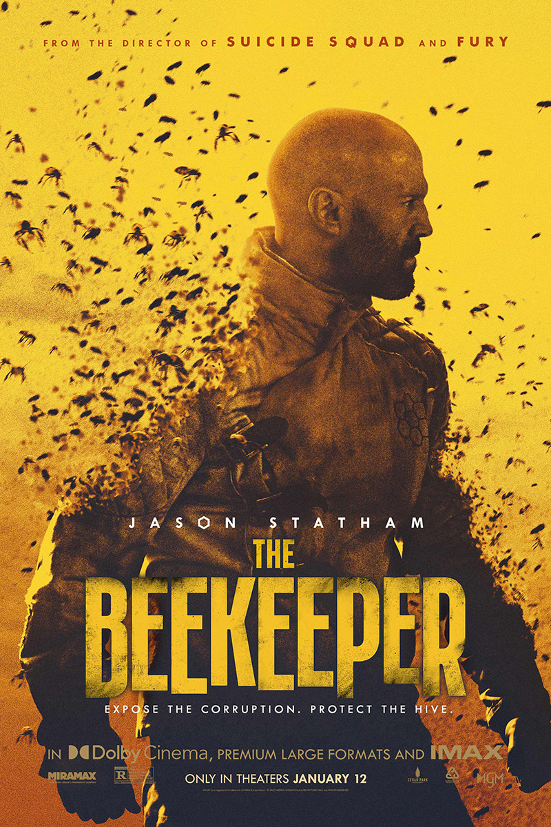 Movie poster for Jason Statham's THE BEEKEEPER showing him dissolving into bees.