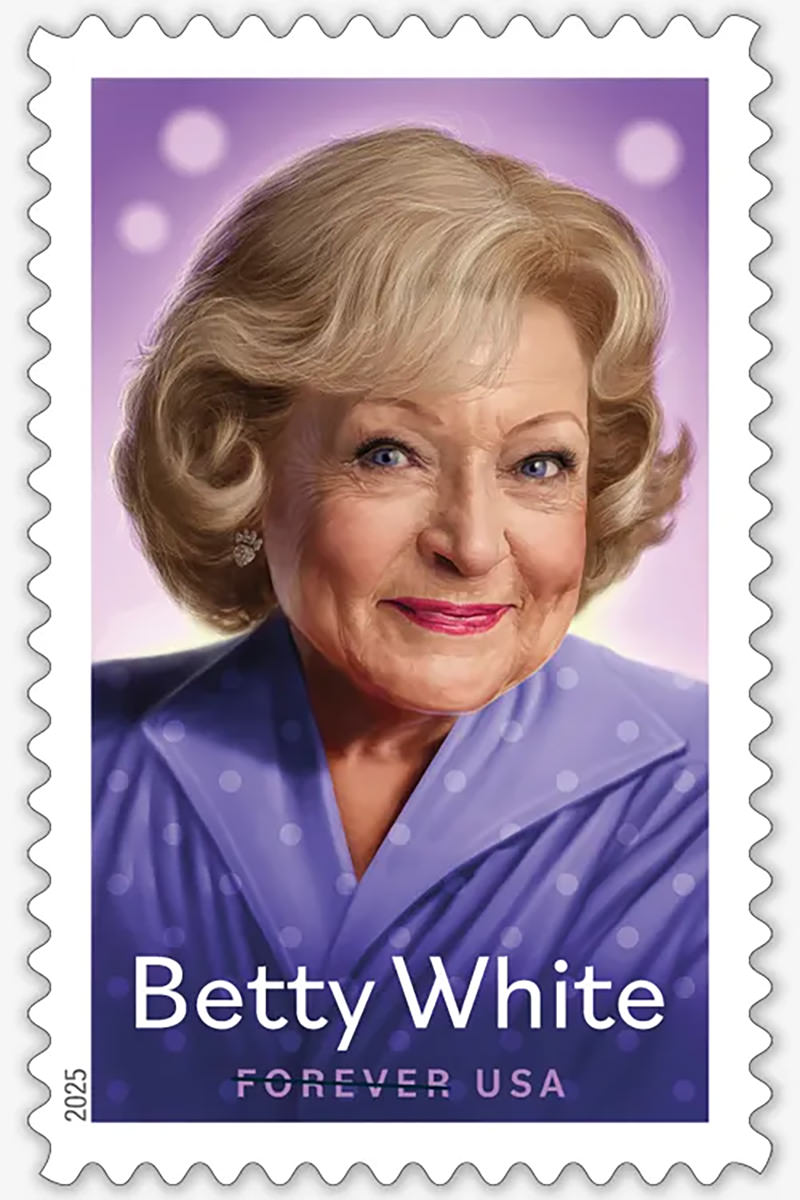 Betty White's portrait on a lovely purple background.