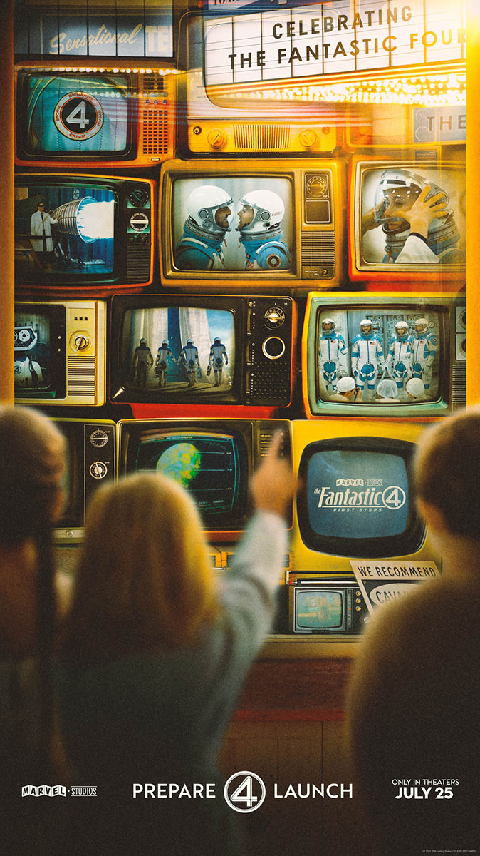 People watching the Fantastic Four on a wall of 1960's televisions in a shop window.