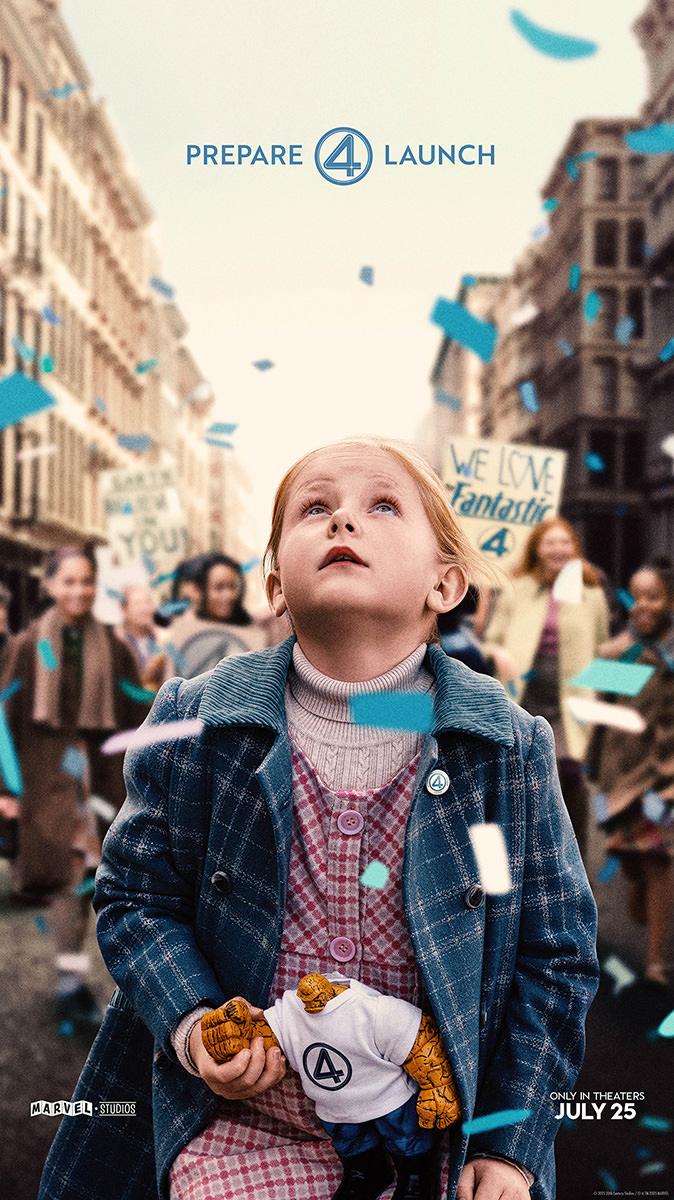 A young girl holding an action figure of The Thing looks uo to the sky.