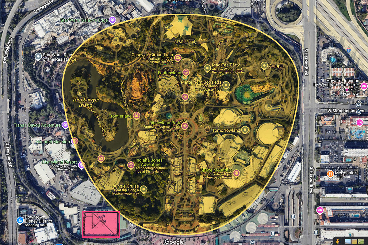 Map of Disneyland showing the Indiana Jones Adventure outside of the boundaries.