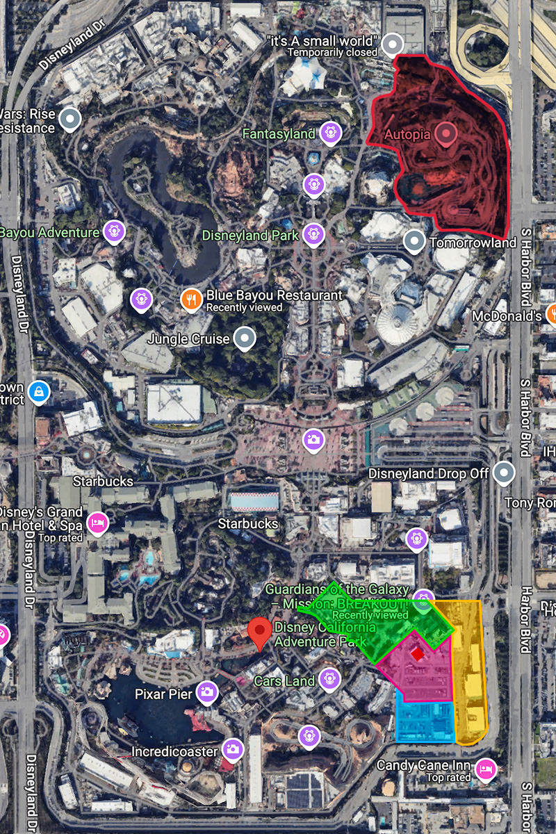 A map of Avenger's Campus expansion overlaid over the parks of the Disneyland map.