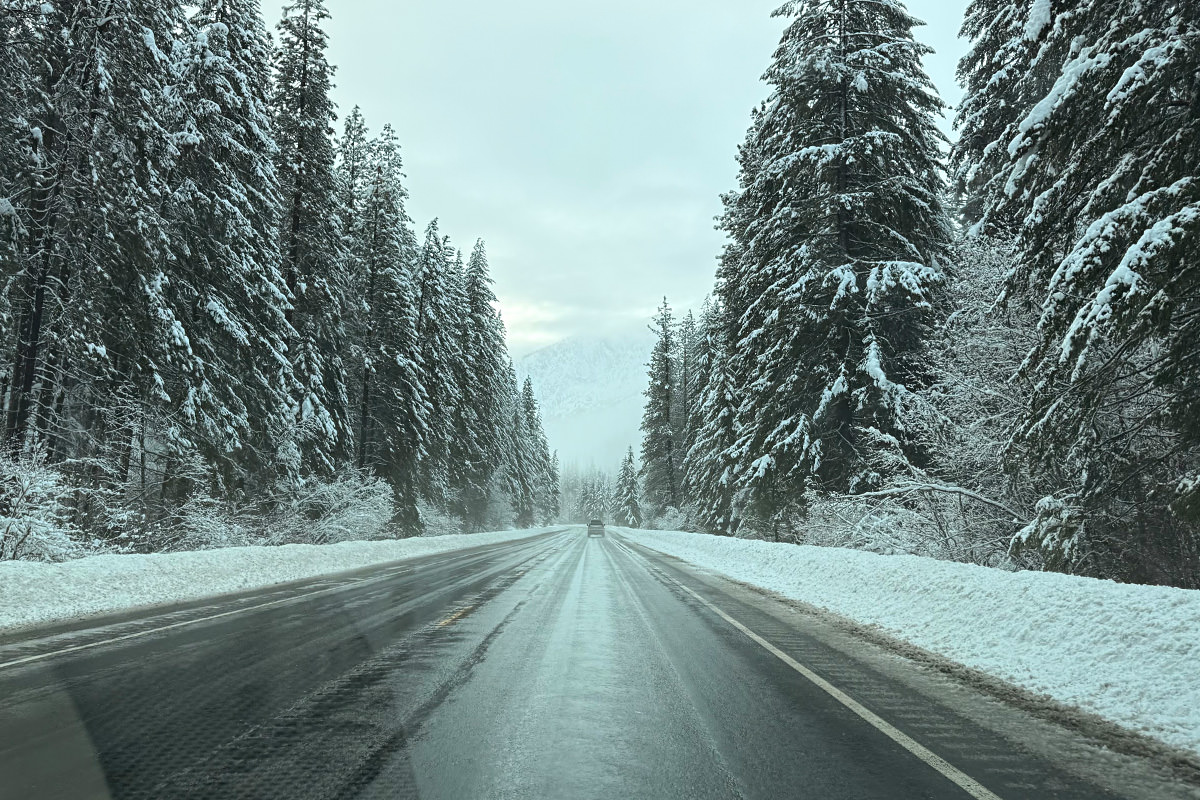 The snowy drive home on bare roads.