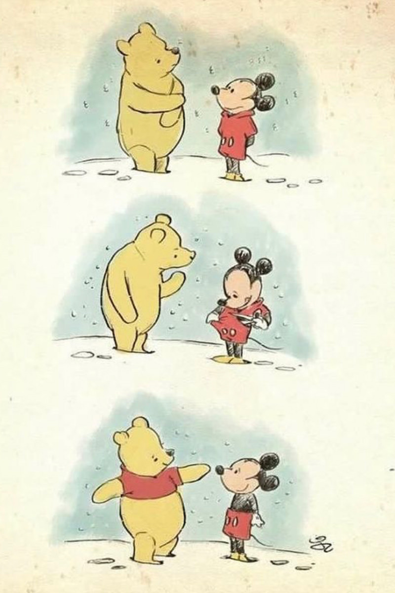 Mickey Mouse gives Winnie the Pooh half of his jumper so now Winnie has his classic shirt and Mickey has his classic pants.